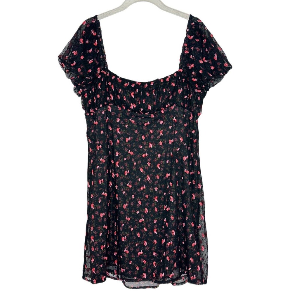 $148 Free People Black Mesh Rose Embroidered Floral Short Sleeve Dress Sz L NWT